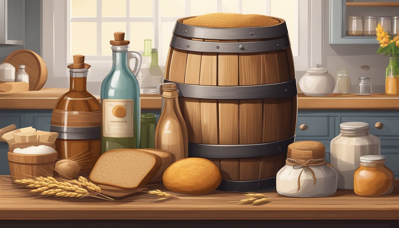 A wooden barrel sits on a kitchen counter, surrounded by bottles, yeast, and sugar. A pile of rye bread, a pot, and a strainer complete the setup