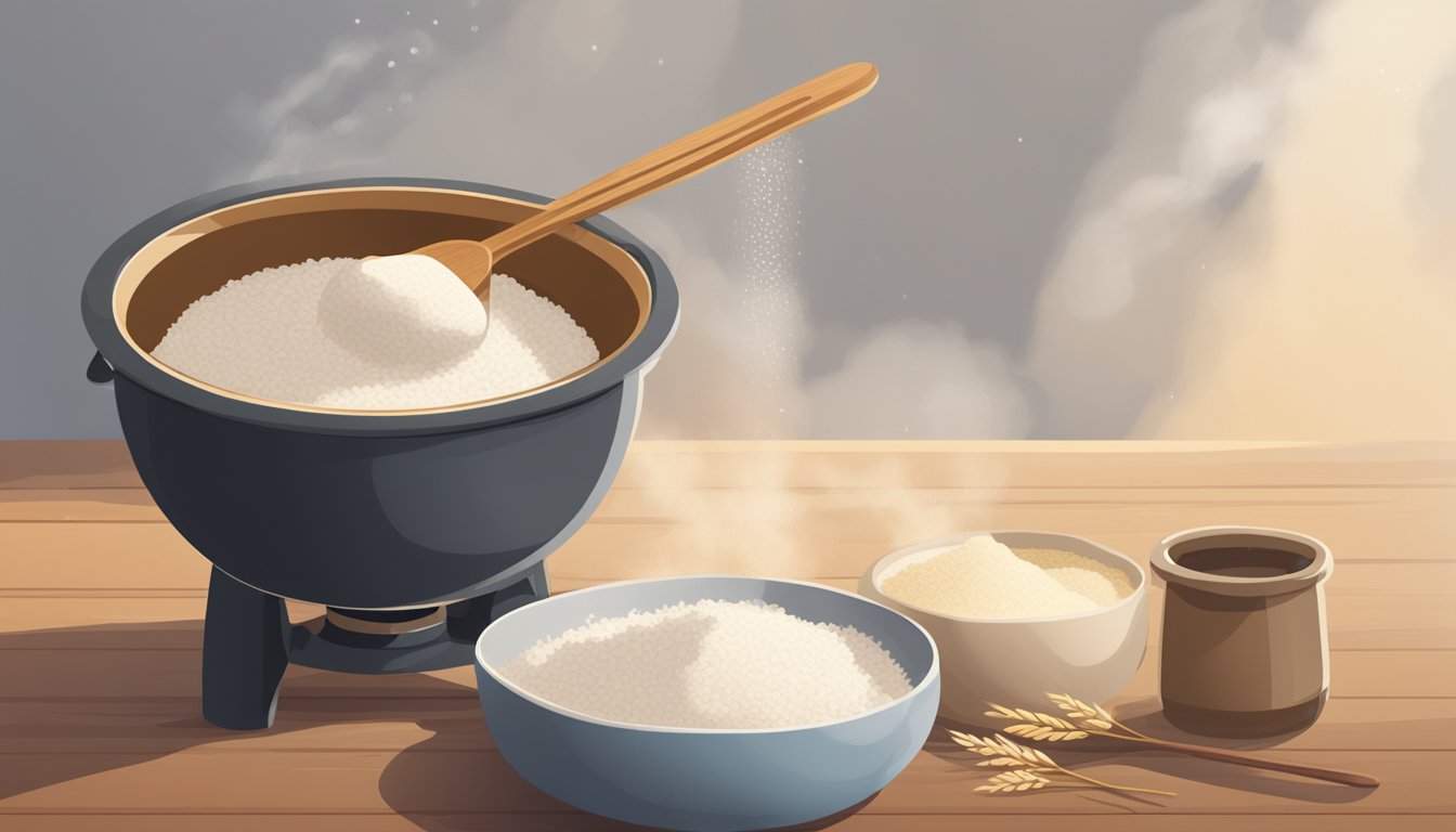 A bowl of rice flour, sugar, and yeast sits next to a steaming pot. A wooden spoon stirs the mixture as it ferments