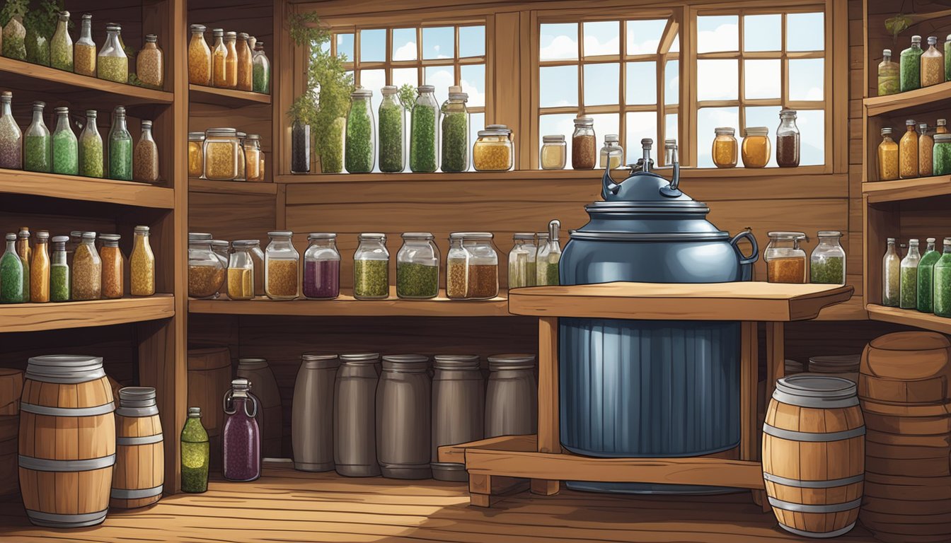 A large pot of kvass fermenting on a wooden shelf, surrounded by bottles, jars of ingredients, and a bubbling airlock