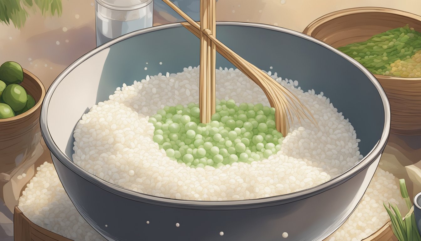 A large bowl of rice batter sits covered with a cloth, emitting bubbles and a slightly sour aroma, as it undergoes the fermentation process to make puto