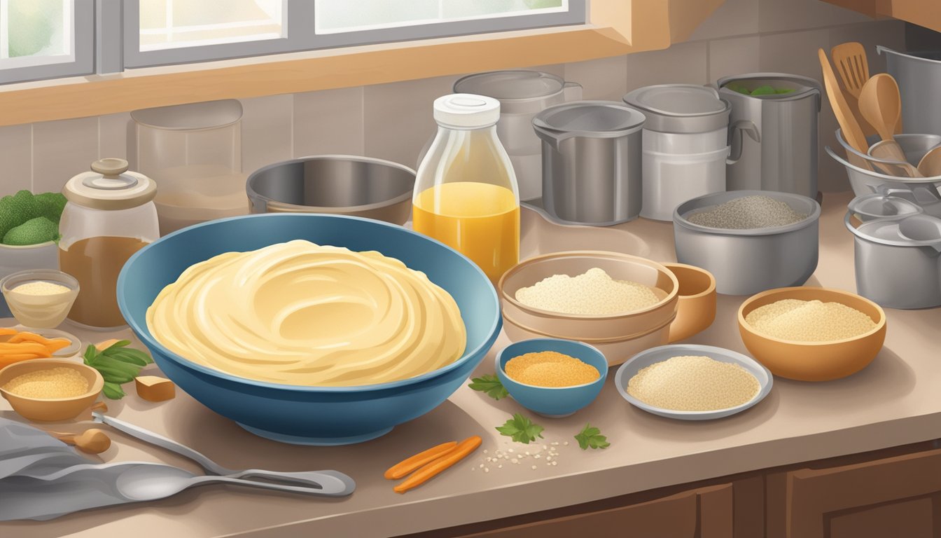 A bowl of batter sits covered on a kitchen counter, surrounded by ingredients and utensils. A warm, humid environment aids in the fermentation process