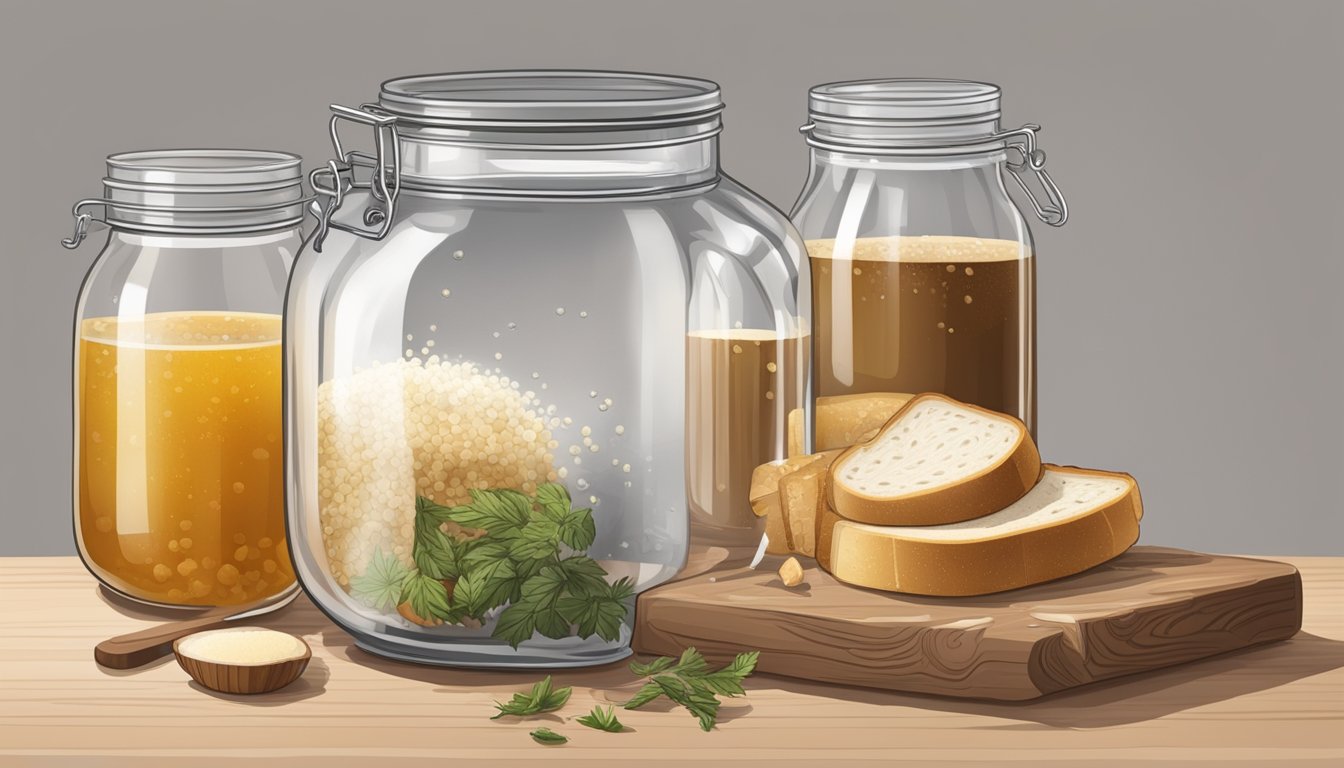 A glass jar filled with fermenting kvass, surrounded by ingredients like bread, water, and sugar. A small bubbling airlock indicates the fermentation process