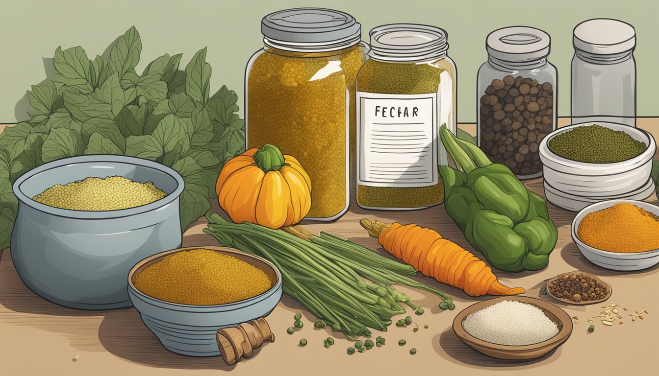 A jar of fermenting achar sits on a kitchen counter, surrounded by various spices and ingredients. A cookbook open to a recipe for serving and pairing achar lies nearby