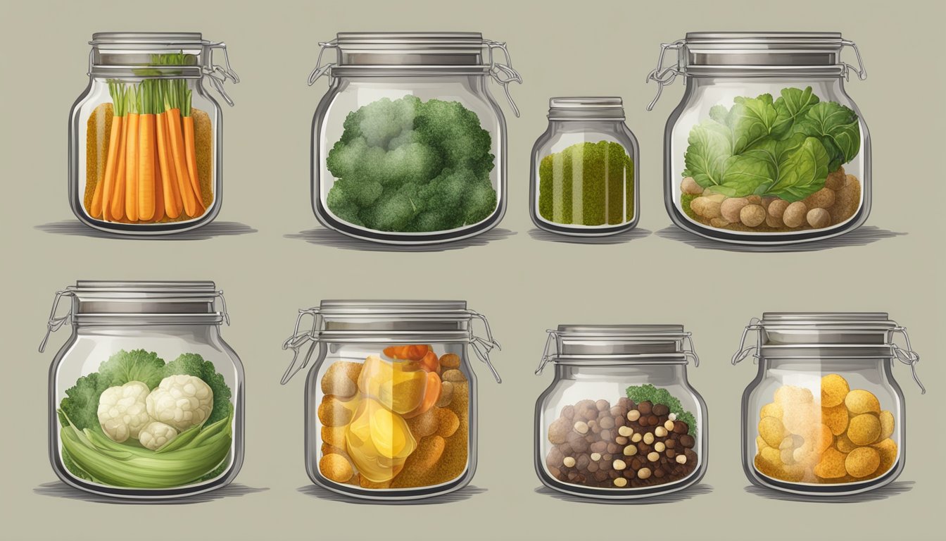 A collection of various vegetables and spices arranged in jars and containers, with bubbling fermentation activity visible through the glass