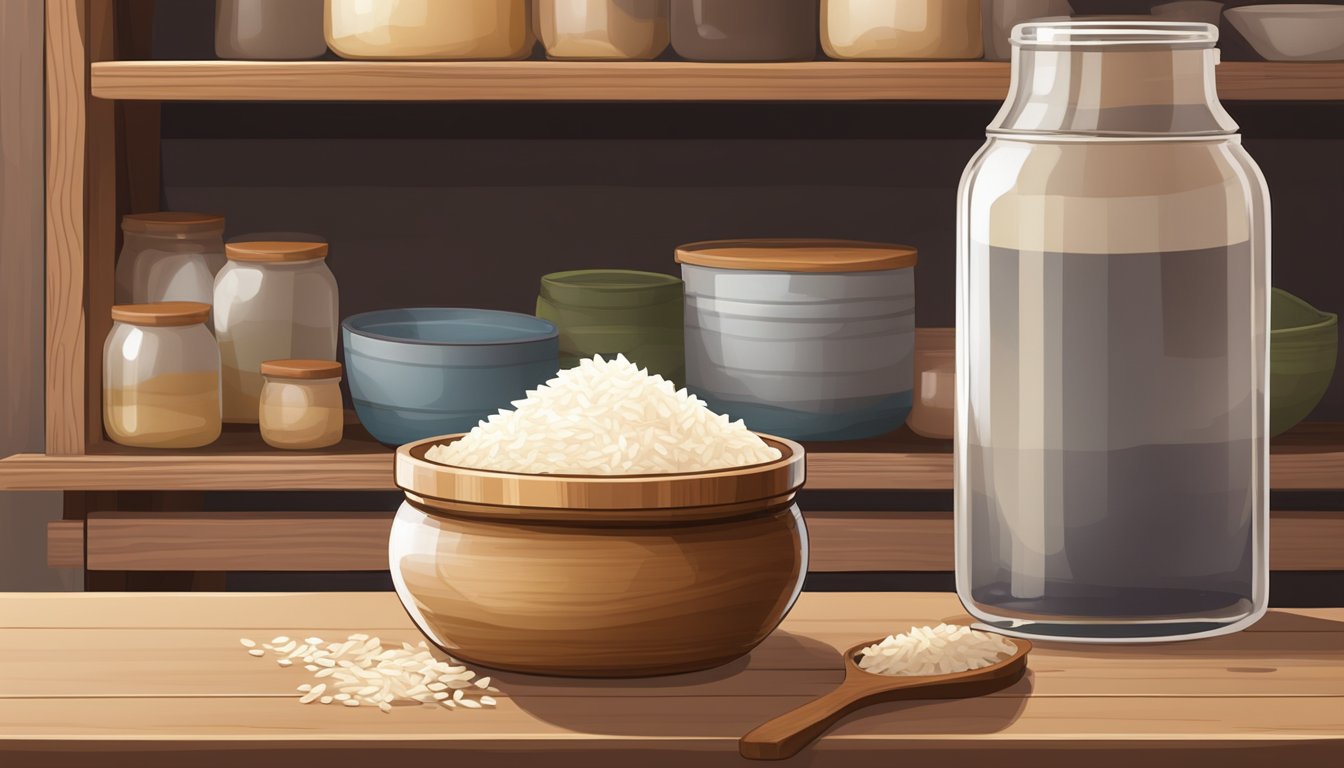 A glass jar filled with rice batter sits on a wooden shelf, covered with a cloth to ferment into puto. Nearby, a bowl of steamed rice awaits mixing