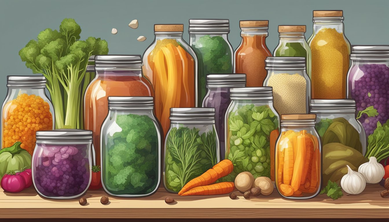 A variety of colorful vegetables and spices arranged in jars, with bubbling fermenting liquid, surrounded by modern fermentation tools