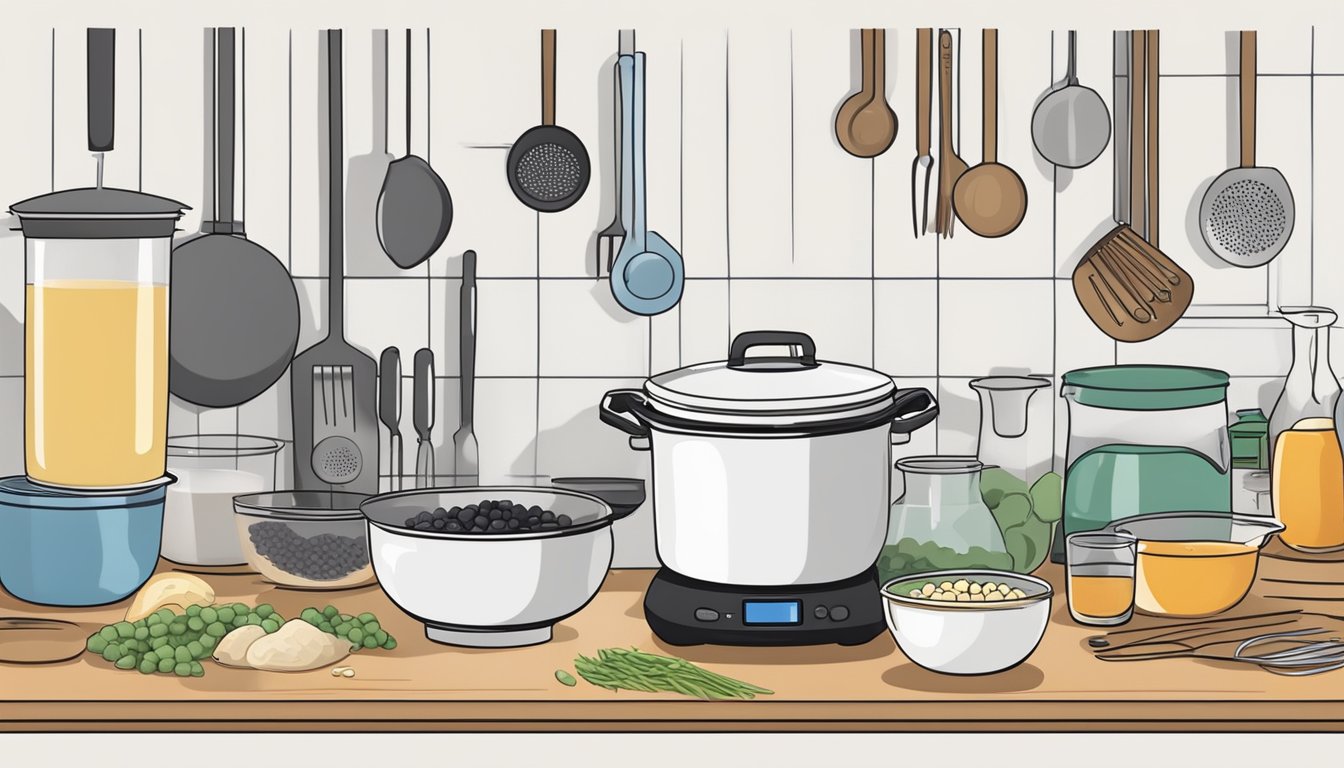 A kitchen counter with ingredients, mixing bowls, and utensils for fermenting puto. A steamer and stove in the background for troubleshooting