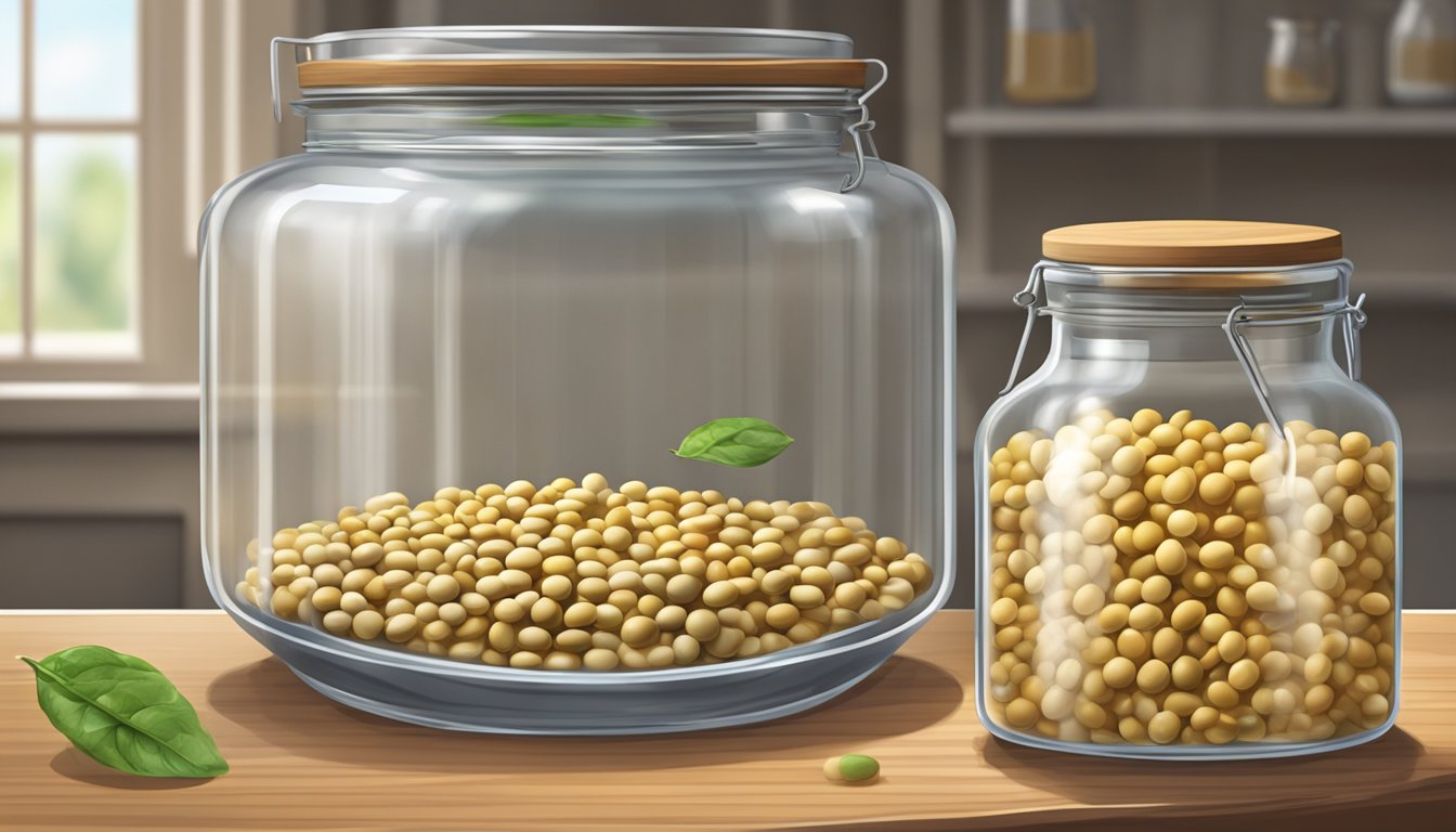 A clear glass jar filled with soybeans and brine, with a weight pressing them down, sitting on a wooden shelf. A small airlock is attached to the jar lid