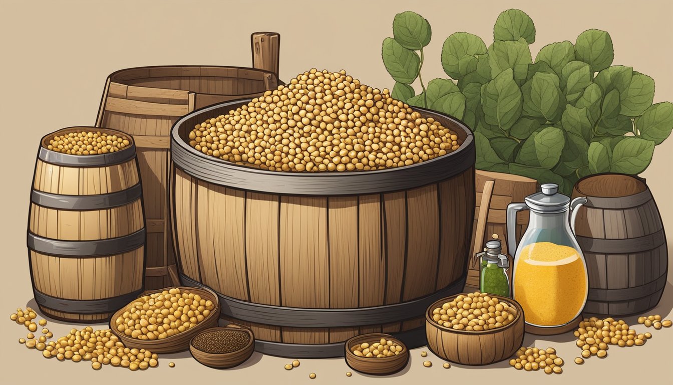 A wooden barrel filled with soybeans and koji mold, surrounded by various fermentation equipment and ingredients