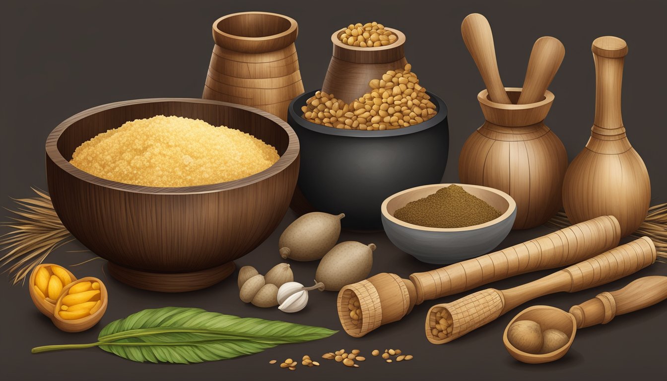 A wooden mortar and pestle filled with fermented cassava and plantain, surrounded by traditional African cooking ingredients and utensils