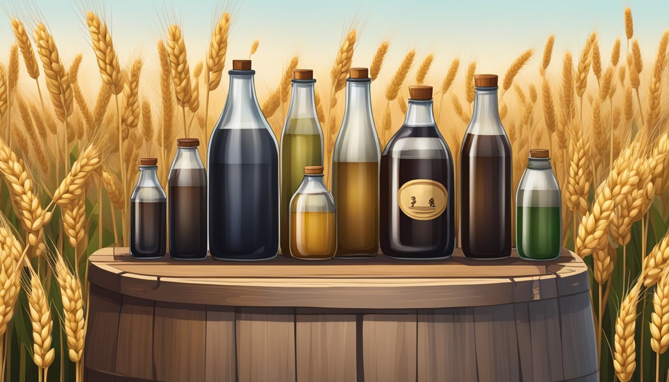 A row of shoyu bottles with different colors and sizes, surrounded by soybeans and wheat, with a large wooden barrel in the background for fermentation