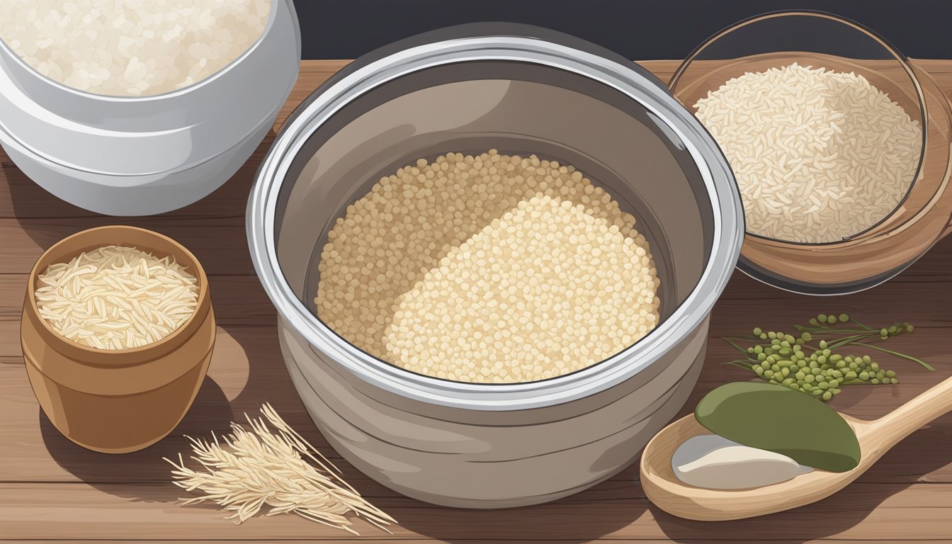 A jar of tapai mixture sits covered with a cloth, surrounded by ingredients like rice and yeast, ready for fermentation