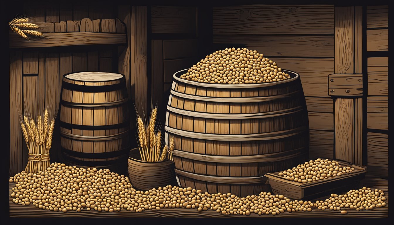 A wooden barrel filled with soybeans and wheat, surrounded by koji mold, sitting in a warm, dark room for several months to ferment into shoyu