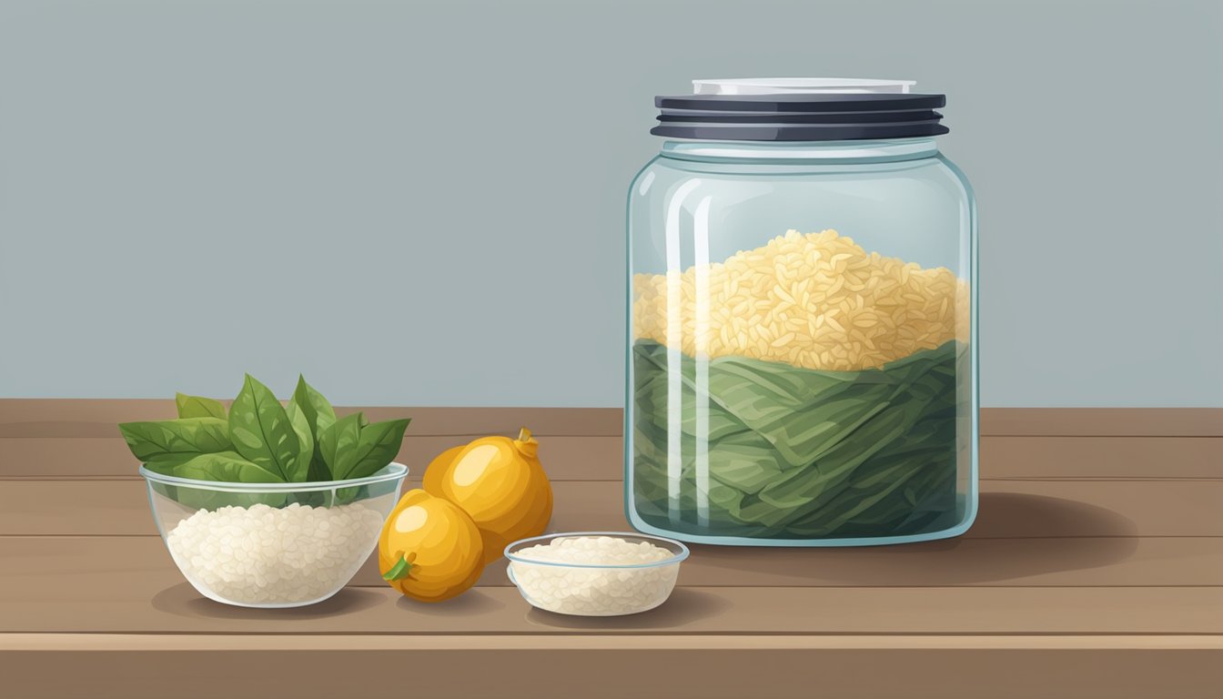 A glass jar filled with fermenting tapai, covered with a cloth and secured with a rubber band, sitting on a kitchen counter