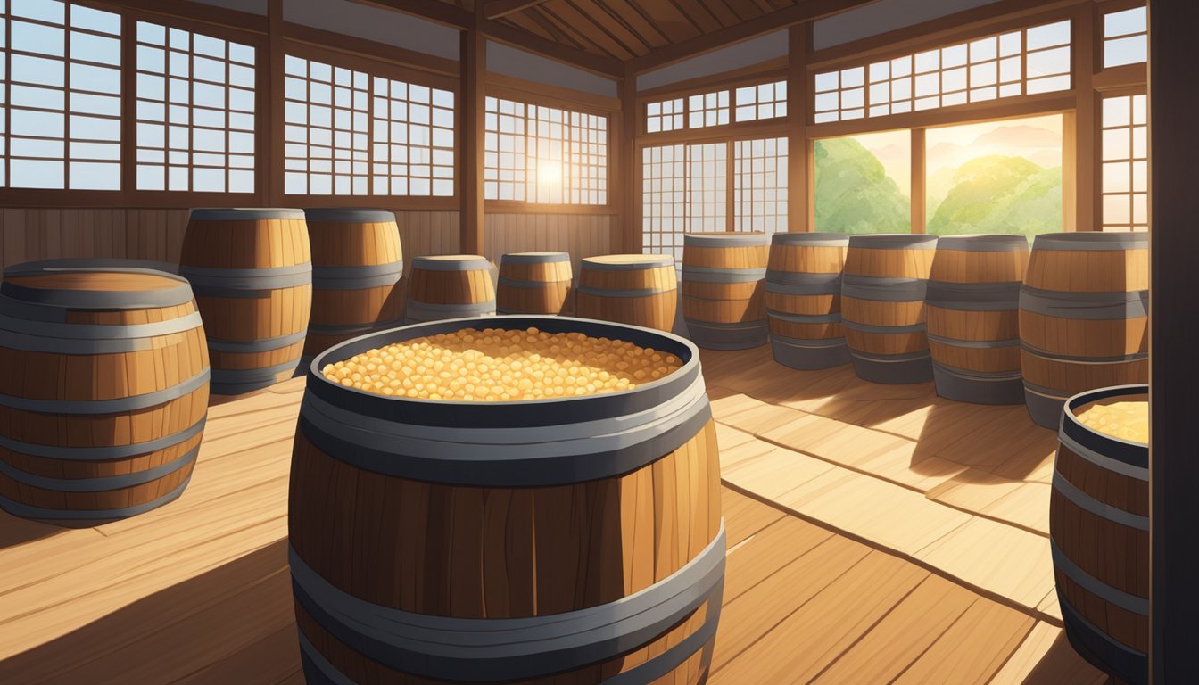 A wooden barrel filled with fermenting shoyu sits in a traditional Japanese brewery, surrounded by rows of neatly stacked bottles and jars. Sunlight streams in through the windows, casting a warm glow over the scene