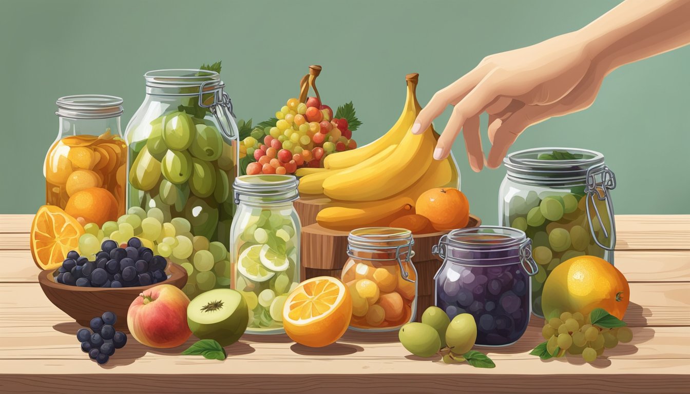 A hand reaching for ripe fruits, a jar of fermenting liquid nearby, and a selection of different fruits laid out on a wooden table