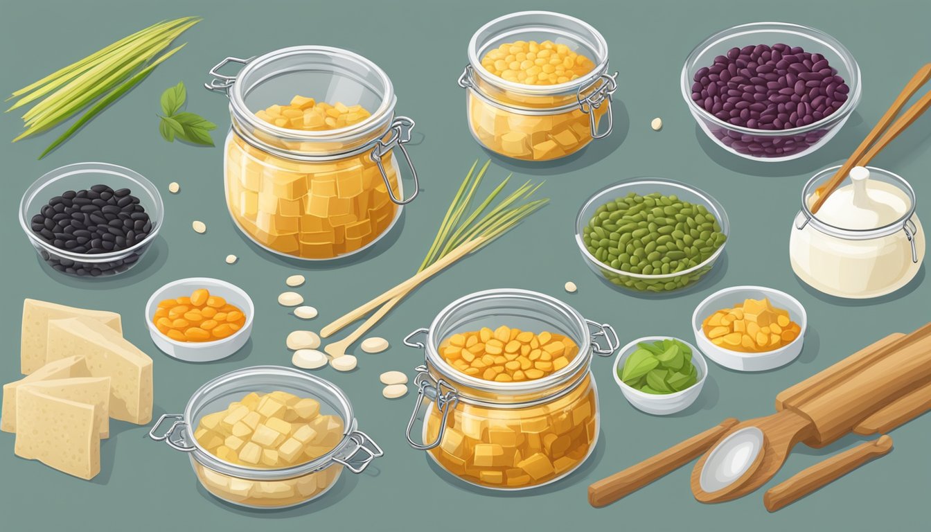 A glass jar filled with fermenting bean curd, surrounded by various ingredients and utensils for the fermentation process