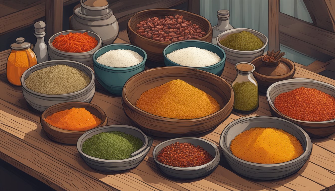 A traditional Turkish kitchen with various spices and ingredients laid out on a wooden table, while a large bowl of fermenting sucuk sits in the background