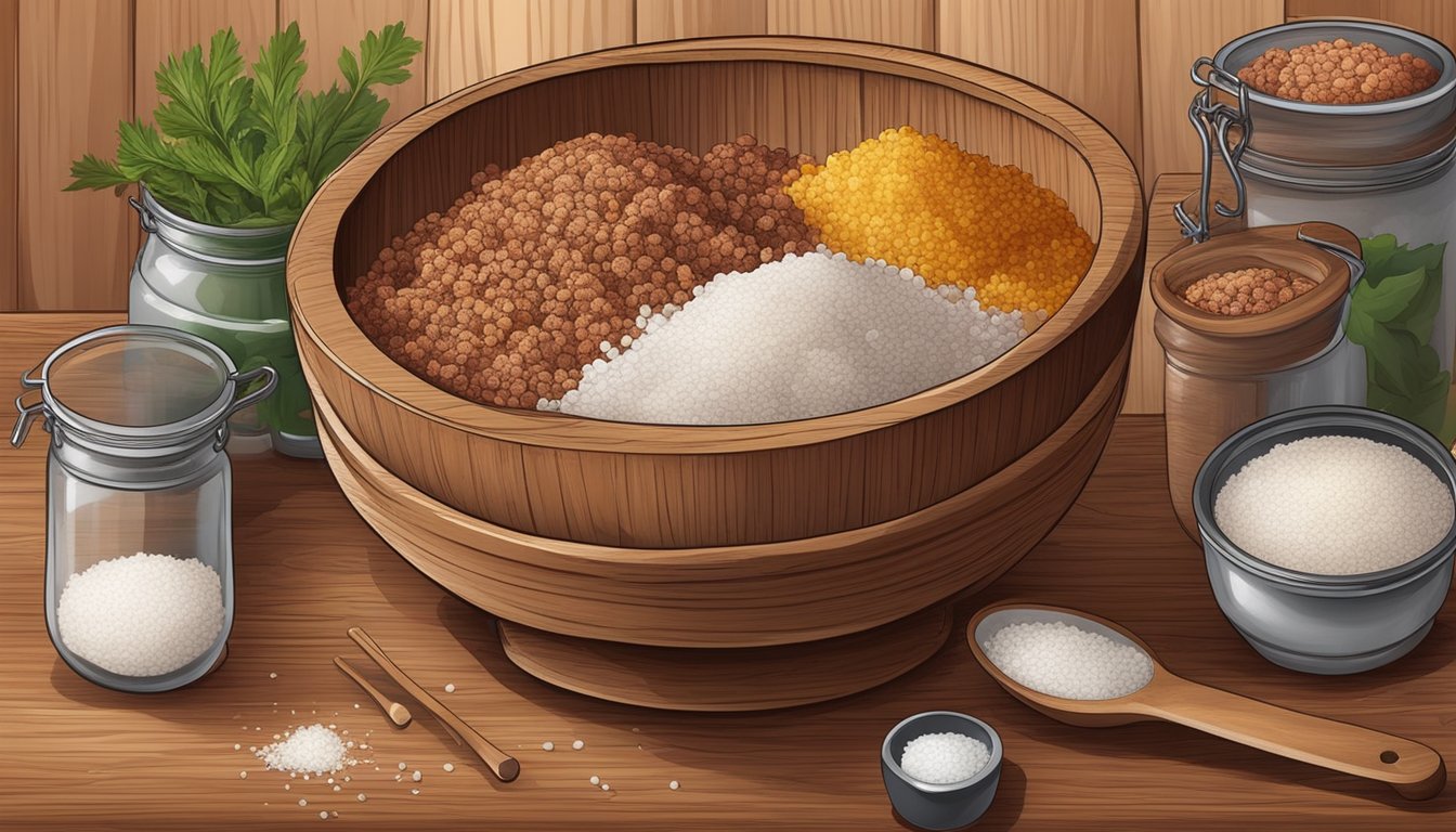 A wooden bowl filled with ground meat, salt, and spices, surrounded by fermenting jars and a mortar and pestle