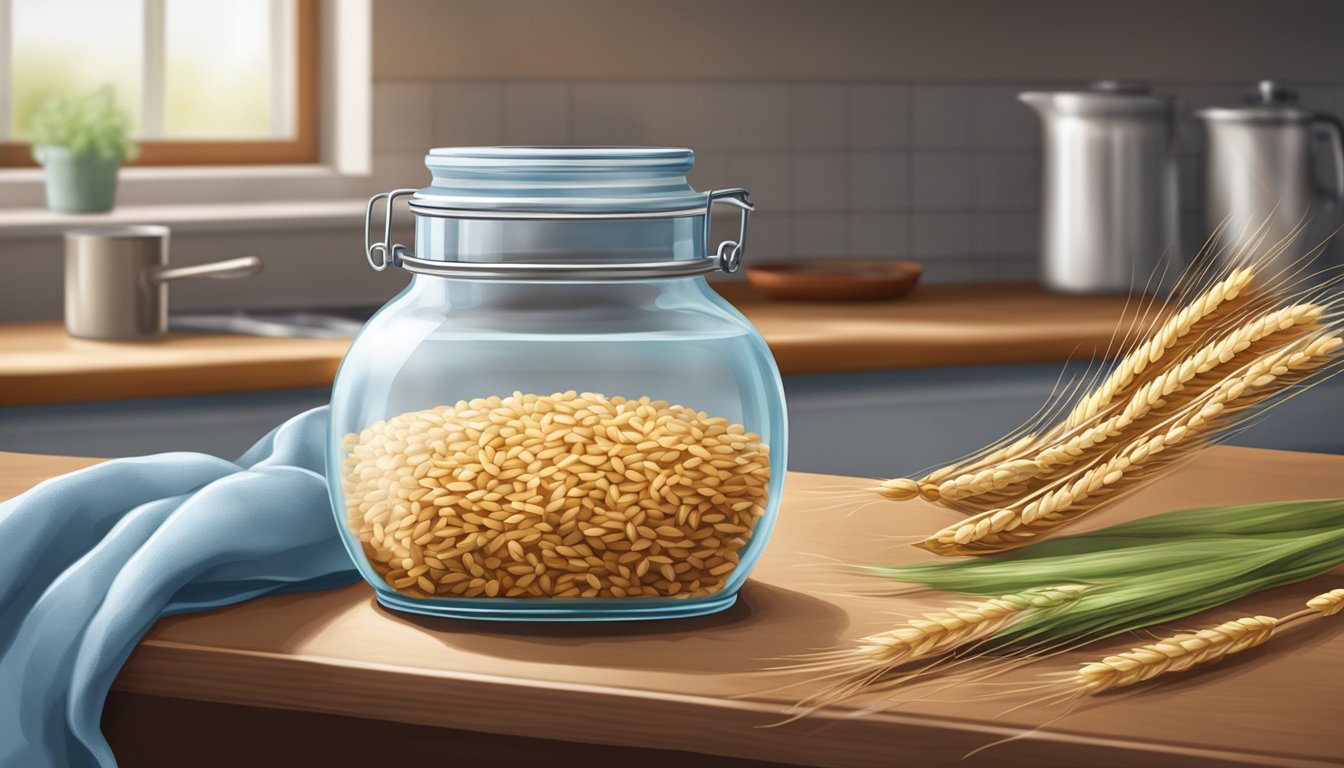 A glass jar filled with wheat, water, and lactobacillus bacteria, covered with a cloth and left to ferment on a kitchen counter