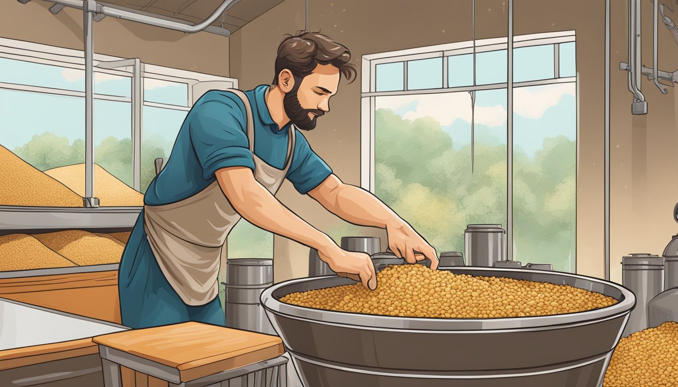 A person mashes grains in a large vessel, preparing to ferment berliner weisse