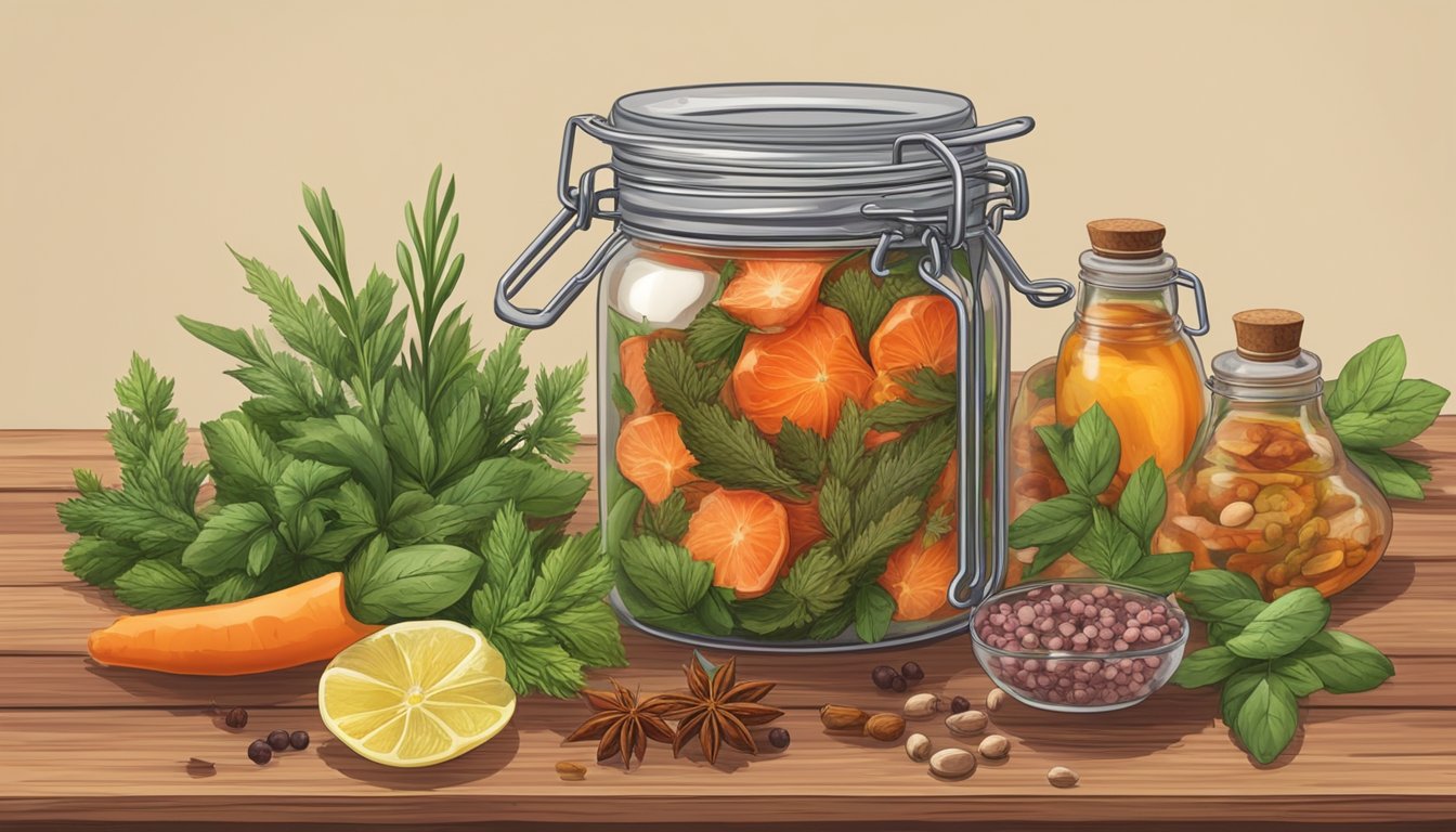 A glass jar filled with raw sucuk submerged in a brine solution, surrounded by various spices and herbs on a wooden table