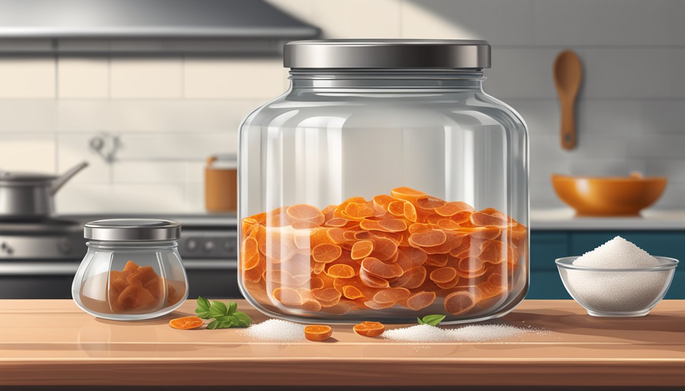 A glass jar filled with sliced sucuk submerged in a brine solution, placed on a kitchen countertop next to a bowl of salt and spices