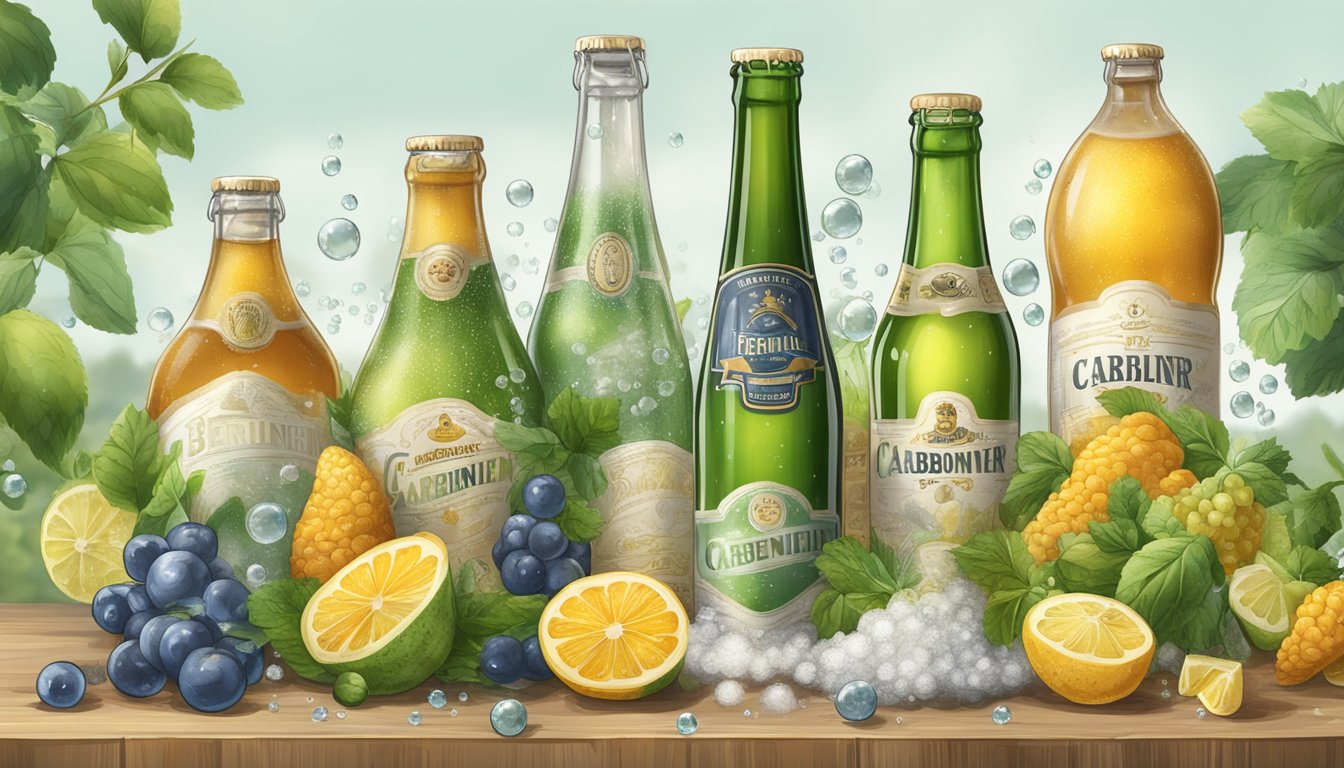 A glass bottle with a metal cap releasing bubbles of carbonation, surrounded by ingredients for fermenting berliner weisse