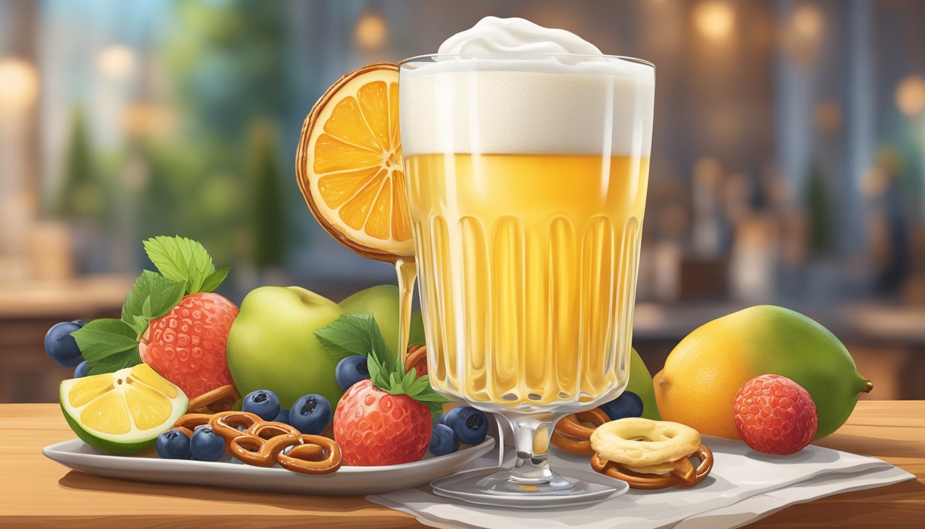 A glass of Berliner Weisse being poured into a tall, slender glass with a frothy head, surrounded by fresh fruit and a bowl of pretzels