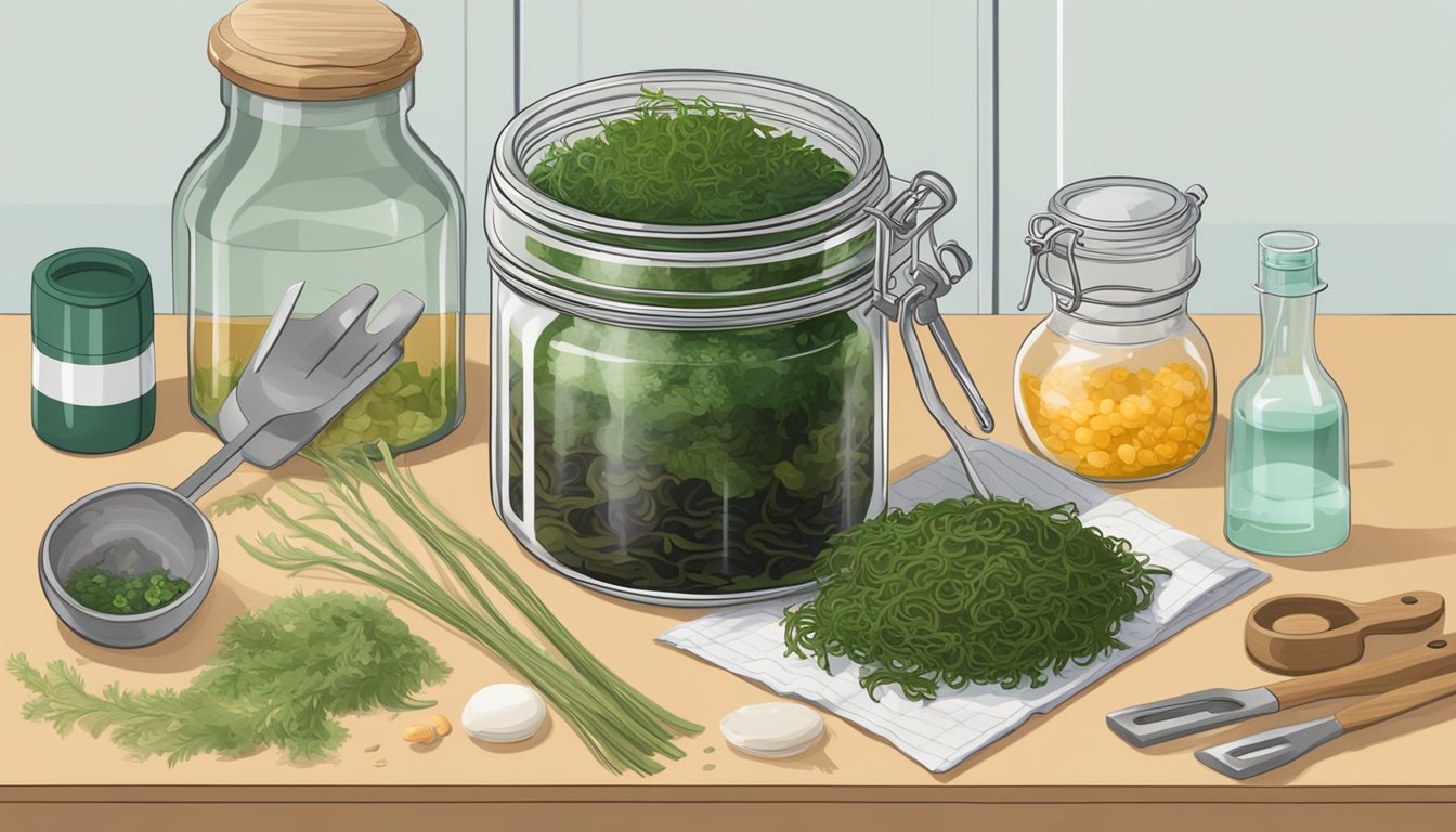 A glass jar filled with seaweed submerged in brine, surrounded by various fermentation tools and ingredients on a clean kitchen counter