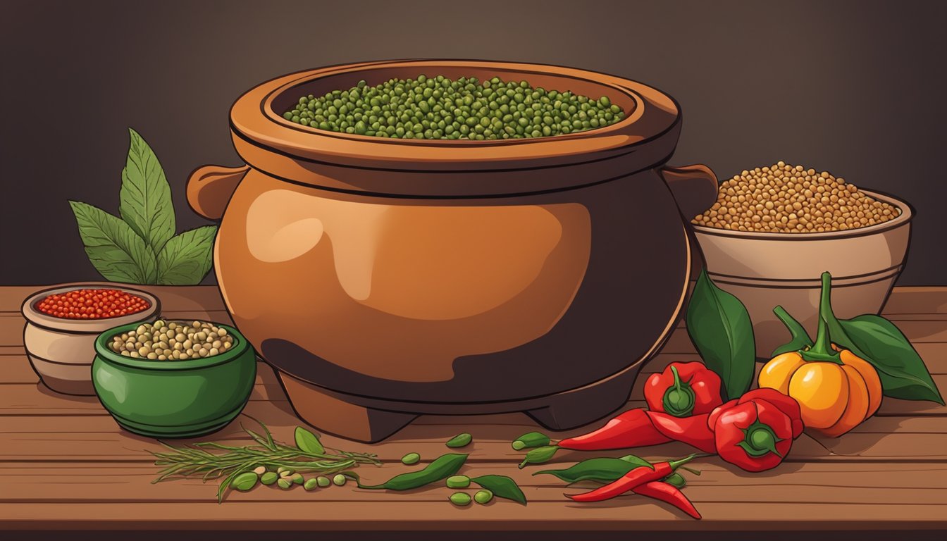 A traditional clay pot sits on a wooden table, filled with soybeans and chili peppers, surrounded by various herbs and spices