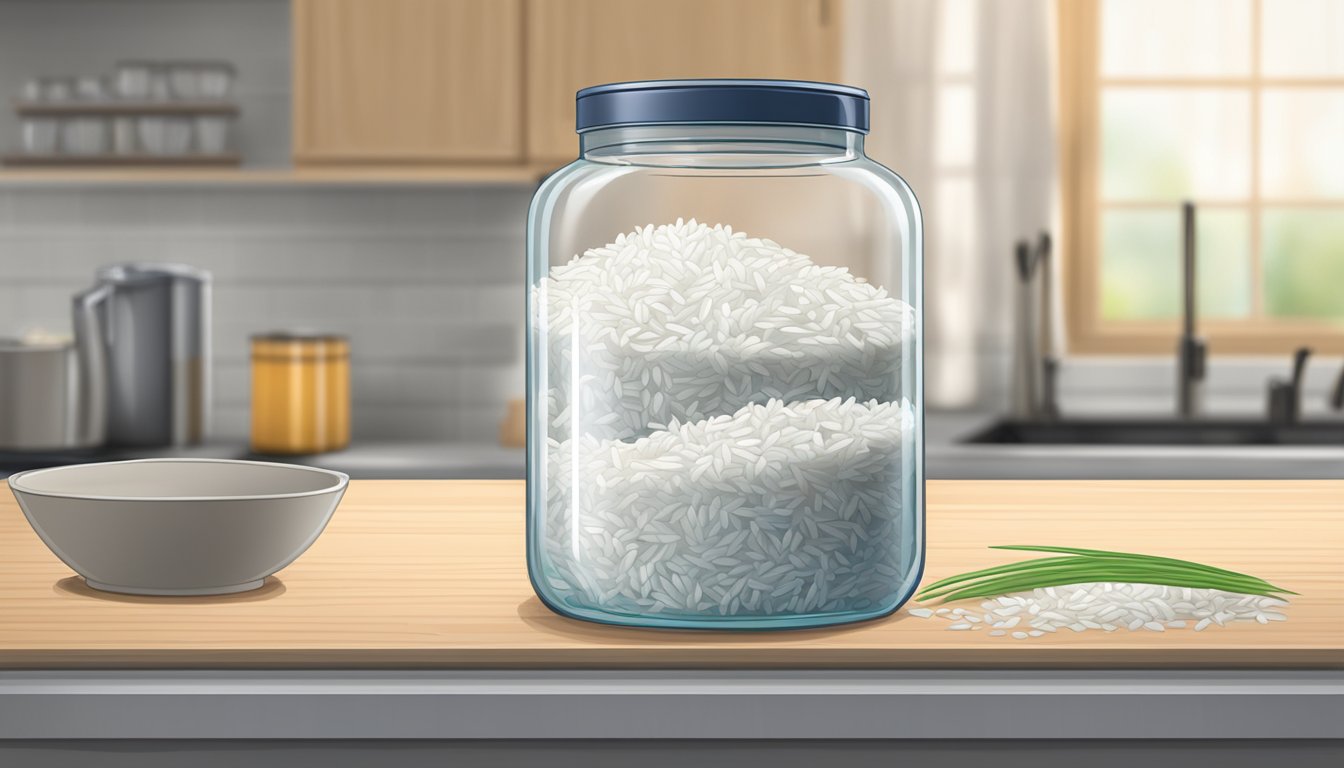 A glass jar filled with rice, koji, and water, sitting on a kitchen counter, with a lid loosely covering the top