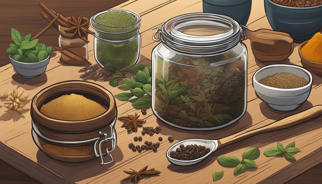 A jar of doubanjiang sits open on a wooden table, surrounded by various spices and herbs. A small spoon is poised to add the final ingredient