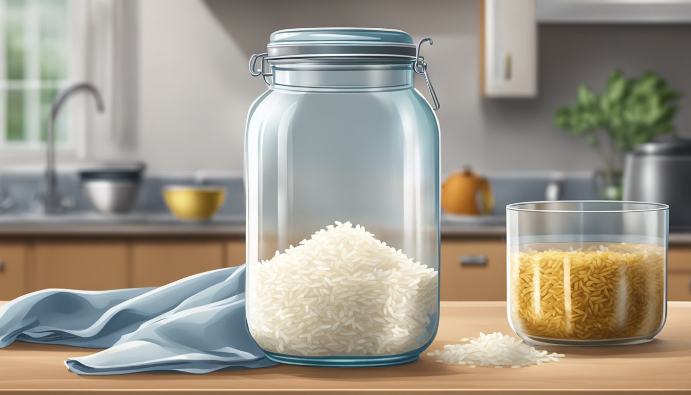 A glass jar filled with rice and water, covered with a cloth, sitting on a kitchen counter