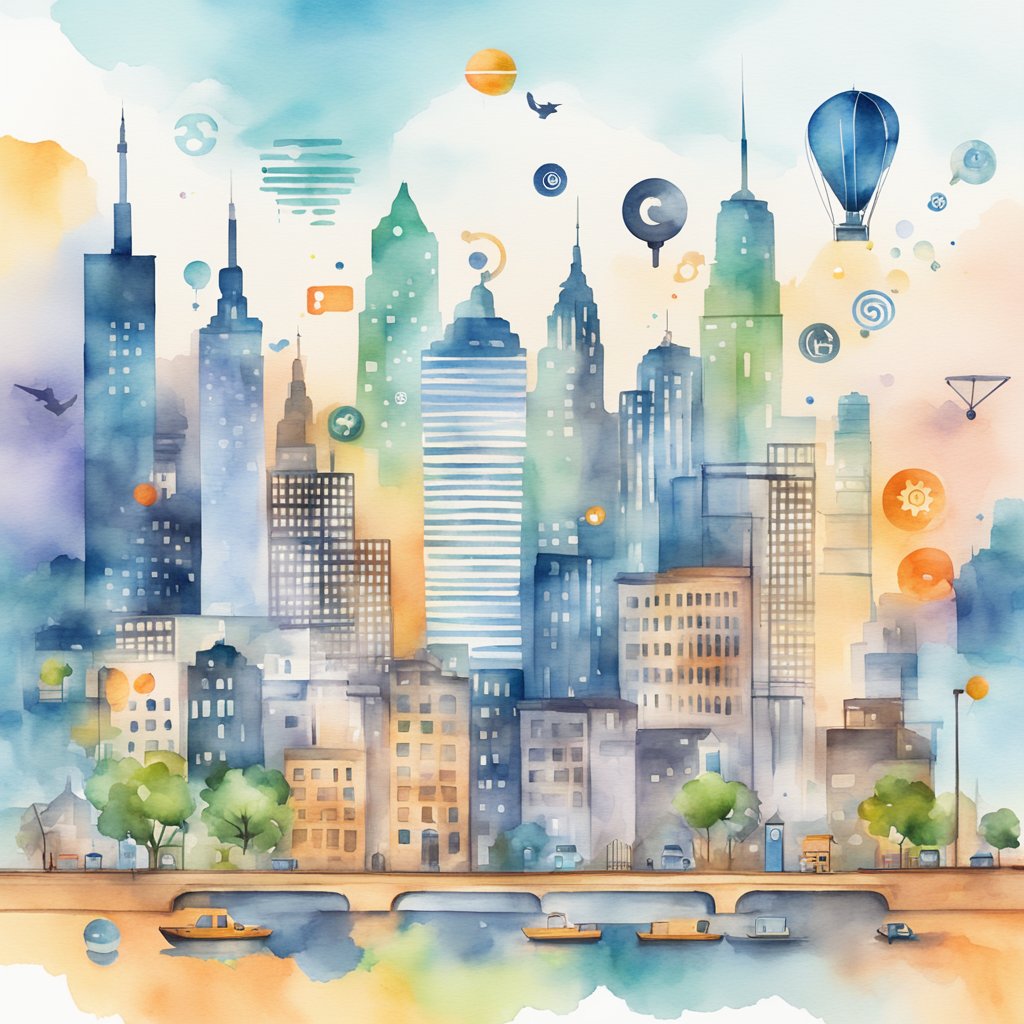 A bustling city skyline with various digital marketing icons and symbols floating above, representing the diverse strategies and tools used in inbound marketing