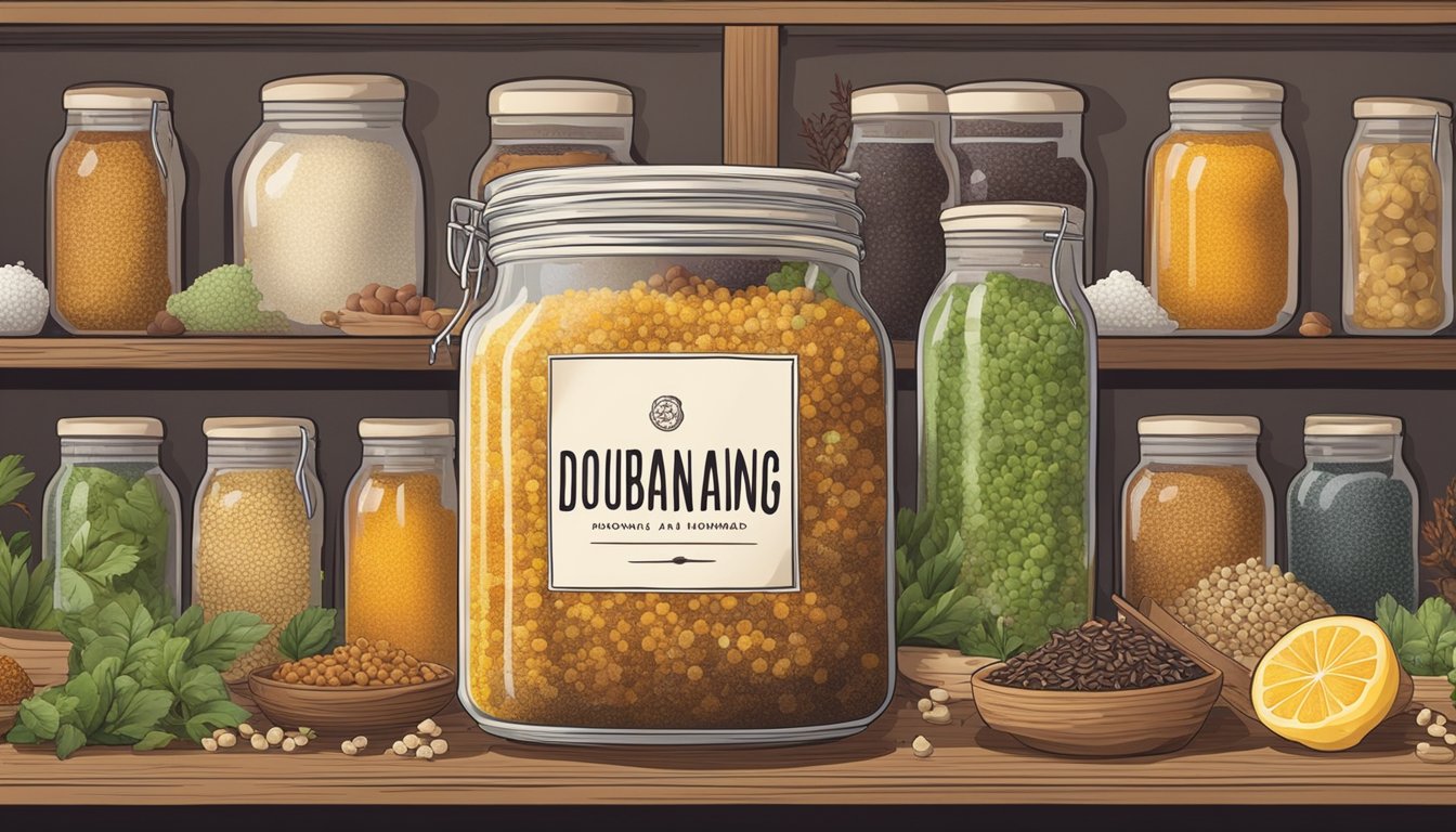 A jar of homemade doubanjiang sits on a shelf, surrounded by various spices and ingredients. The mixture inside the jar bubbles slightly as it ferments