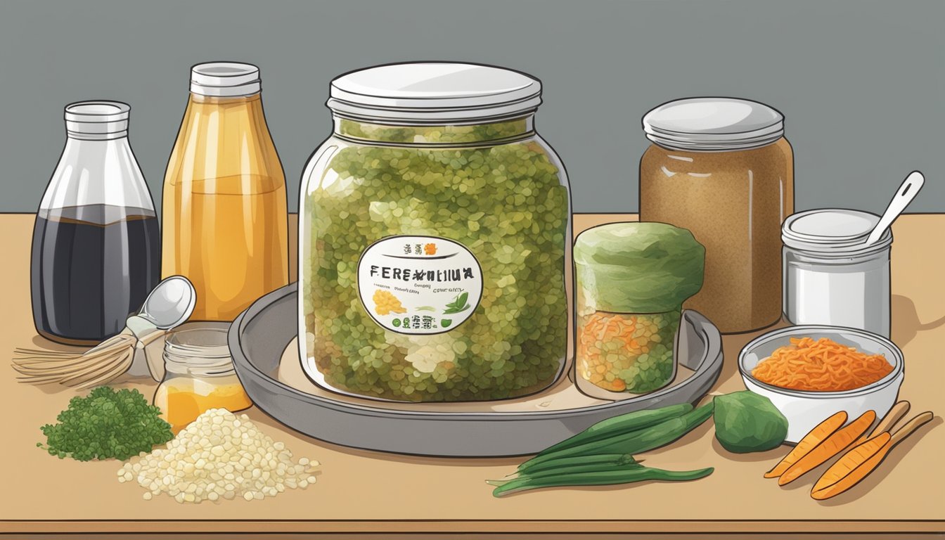 A jar of fermenting doubanjiang surrounded by various condiments and utensils on a kitchen counter