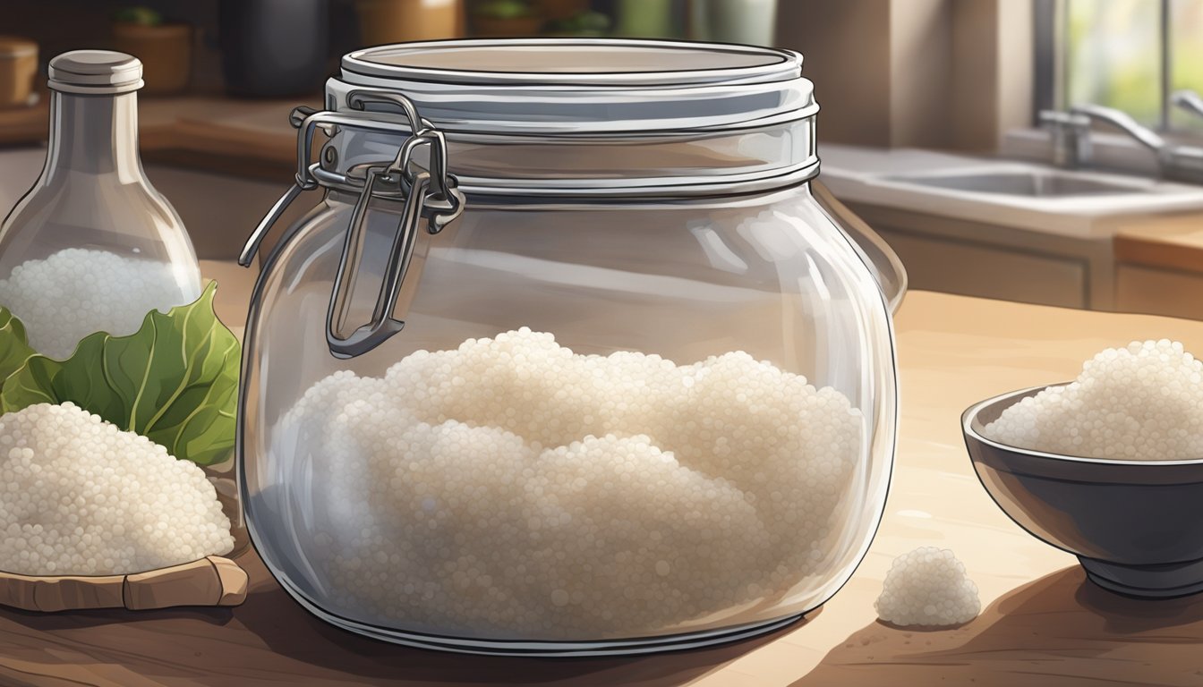 A glass jar filled with mashed taro root sits on a countertop, covered with a cloth and left to ferment. Bubbles rise to the surface as the poi undergoes the fermentation process