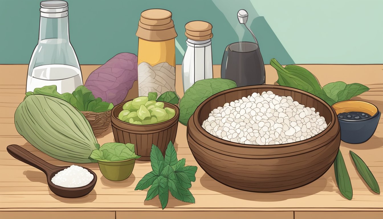 A wooden bowl of fermenting poi sits on a kitchen counter, surrounded by ingredients like taro and water. A spoon rests nearby, ready for serving