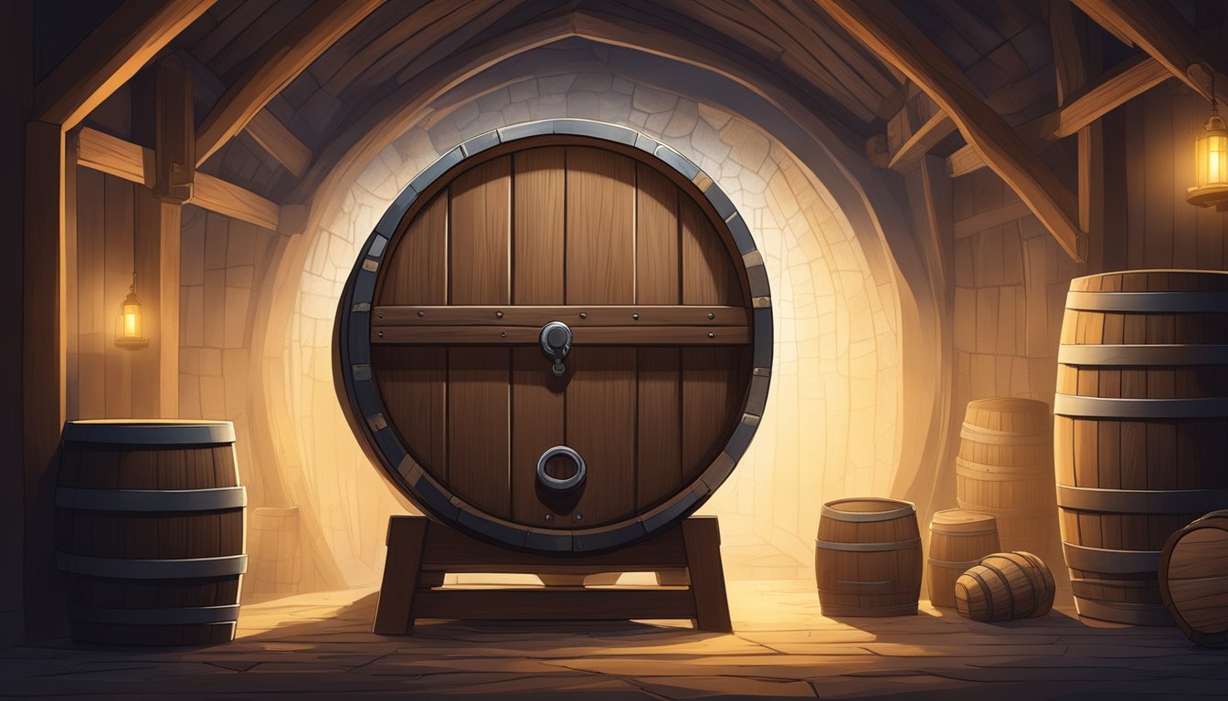 A wooden barrel sits in a dimly lit cellar, surrounded by cobwebs and dust. Bubbling airlock indicates the fermentation of gueuze