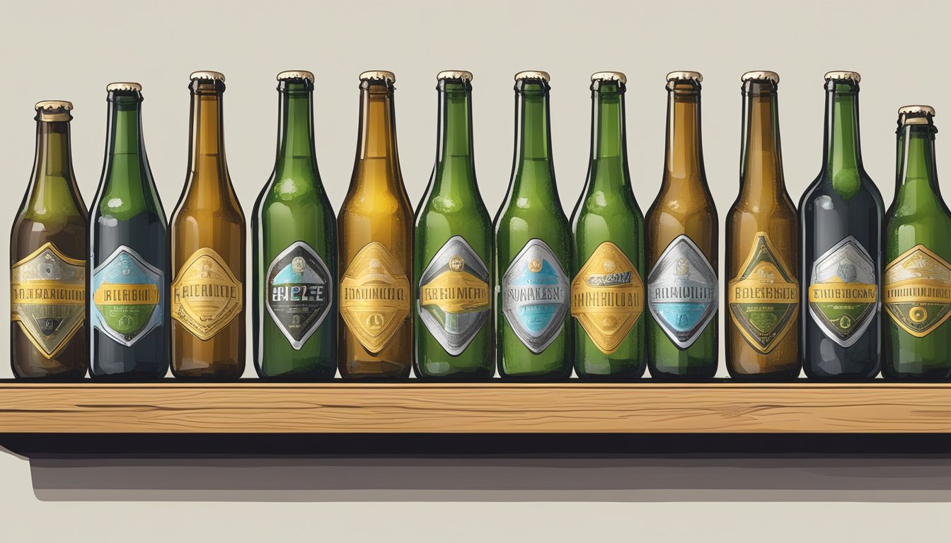 A row of glass bottles filled with fermenting gueuze, lined up on a wooden shelf, surrounded by bubbling airlocks and conditioning for maturation