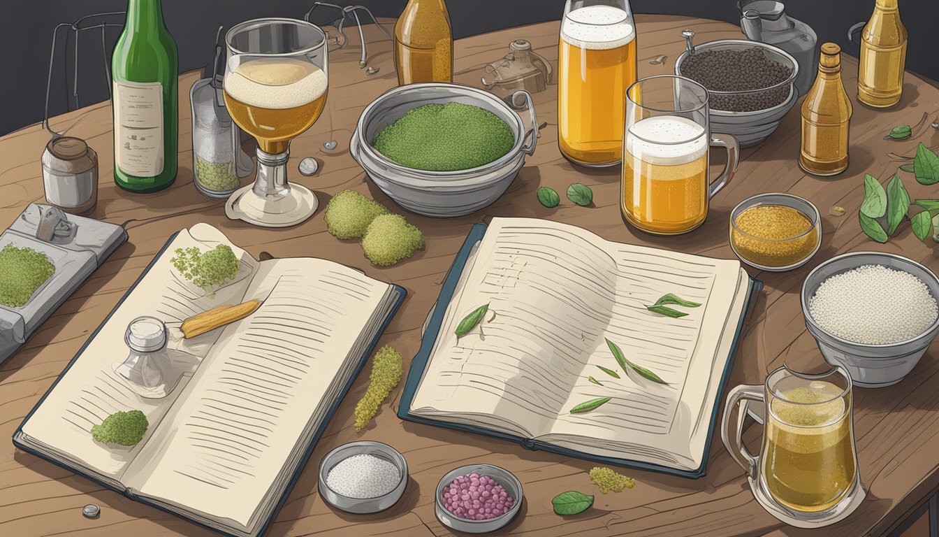 A table scattered with brewing equipment, bottles, and ingredients for fermenting gueuze. An open recipe book lies beside a notepad filled with variations