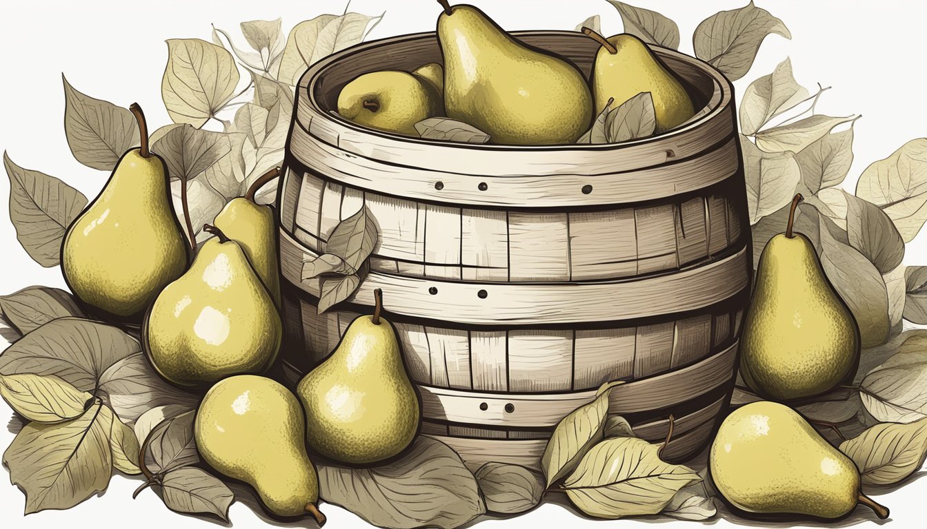 A wooden barrel filled with ripe pears, surrounded by scattered leaves and a small jug of yeast, ready to ferment into perry