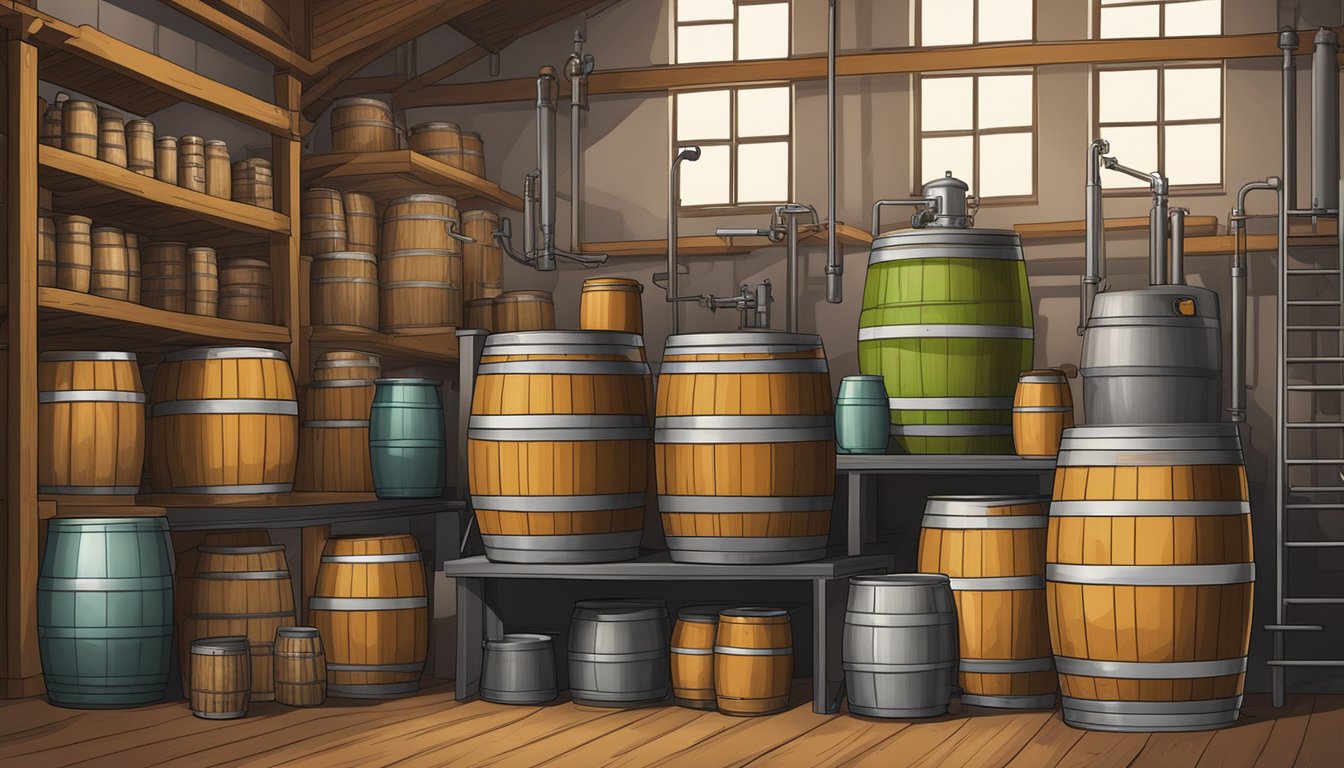 A brewery scene with barrels, equipment, and ingredients for fermenting gueuze