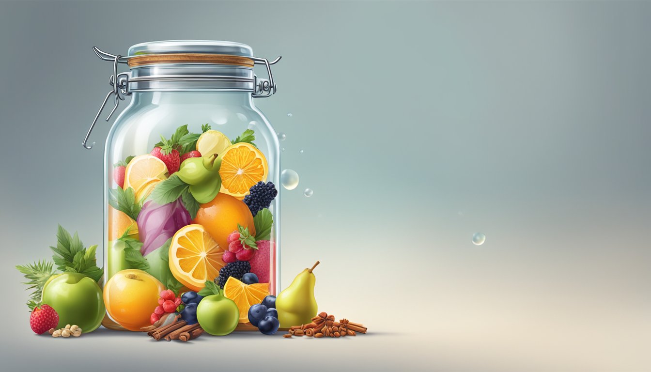 A glass jar filled with fermenting perry, surrounded by various fruits and spices, with bubbles rising to the surface