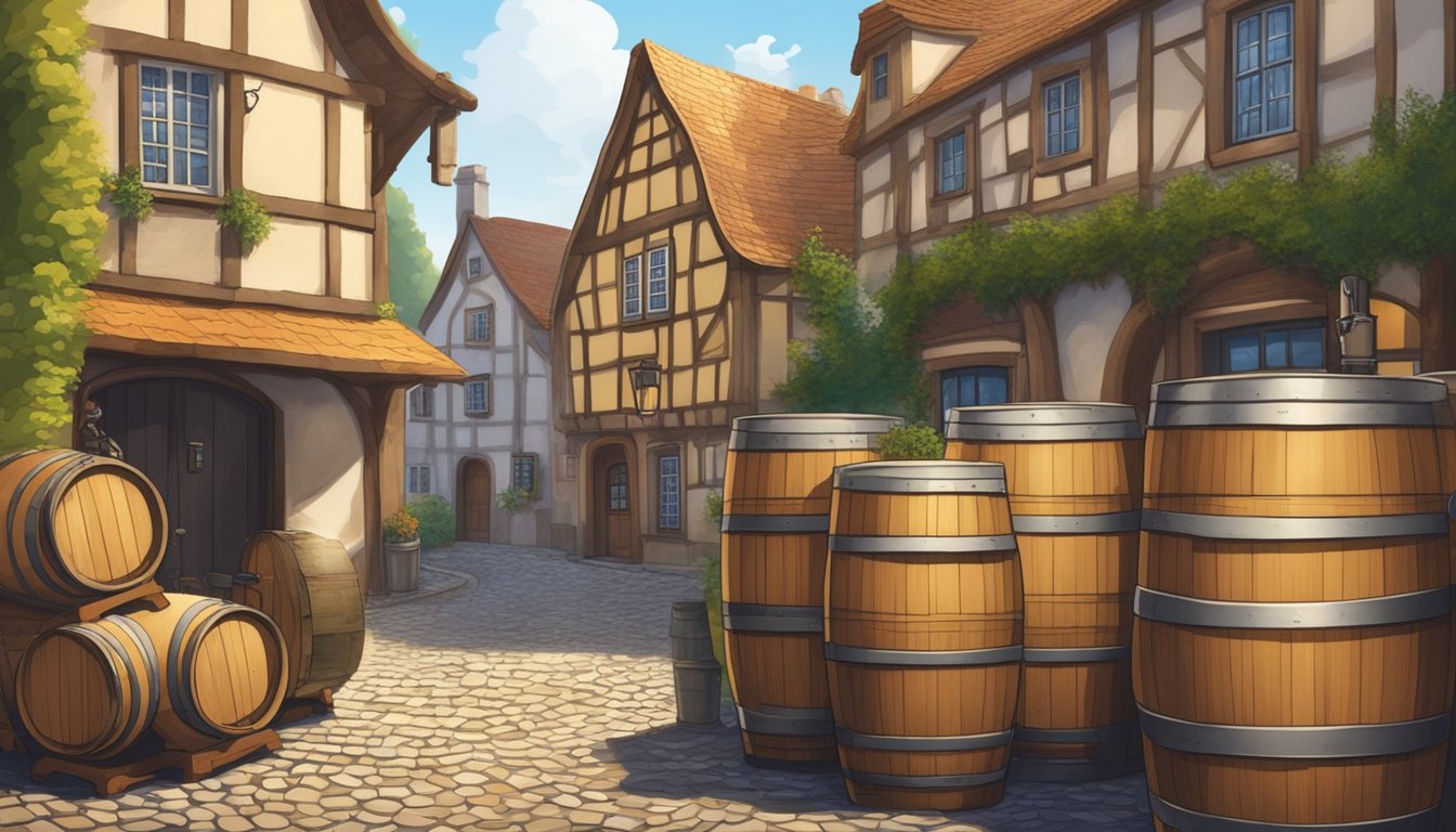 A traditional brewery with wooden barrels aging gueuze, surrounded by cobblestone streets and old buildings. A brewer is checking the fermentation process