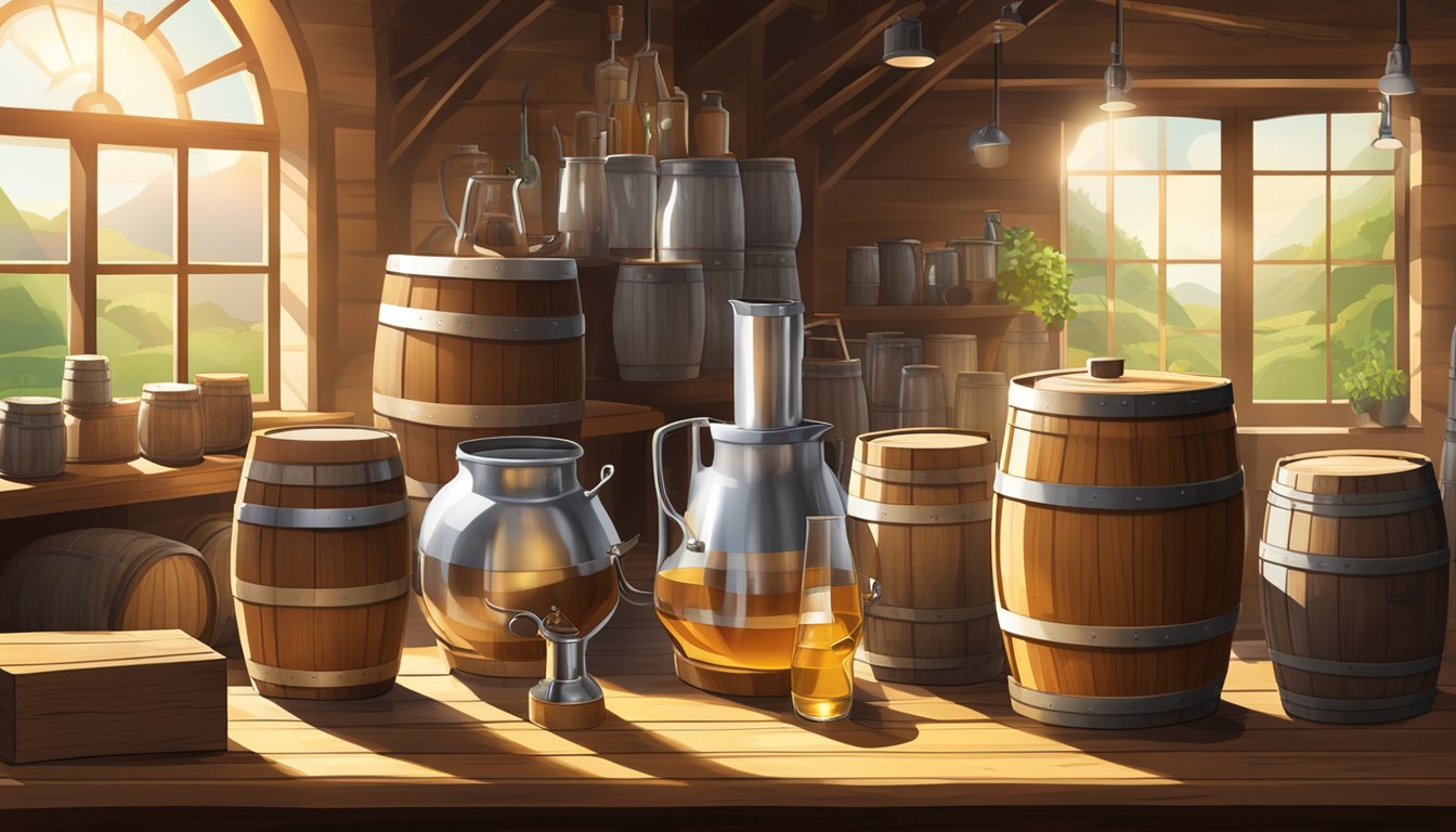 A rustic wooden table with various fermenting vessels, oak barrels, and brewing equipment. Sunlight streams through a window onto the setup