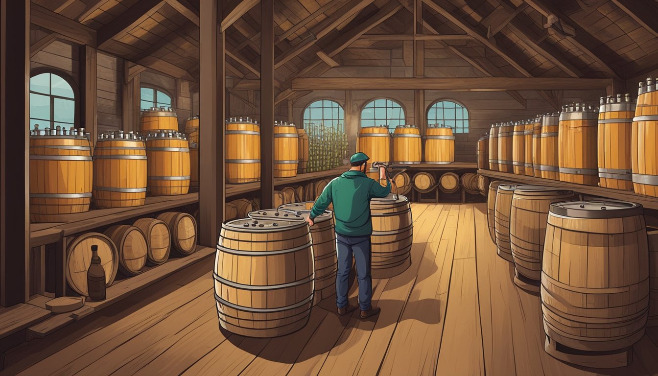 A brewery worker blending and bottling lambic beer in a rustic, wooden barrel-filled room with large fermentation tanks and rows of labeled bottles