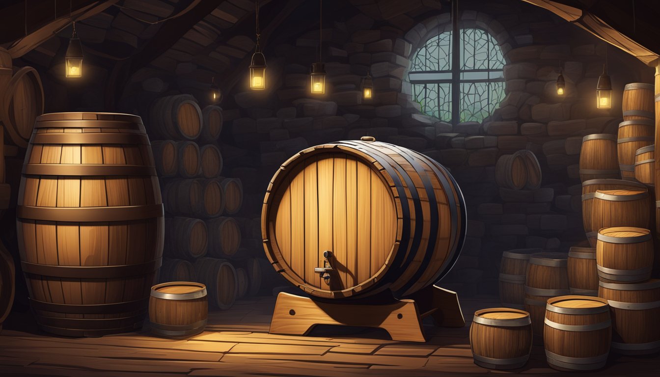 A wooden barrel filled with fermenting lambic beer, surrounded by cobwebs and aging barrels in a dimly lit cellar