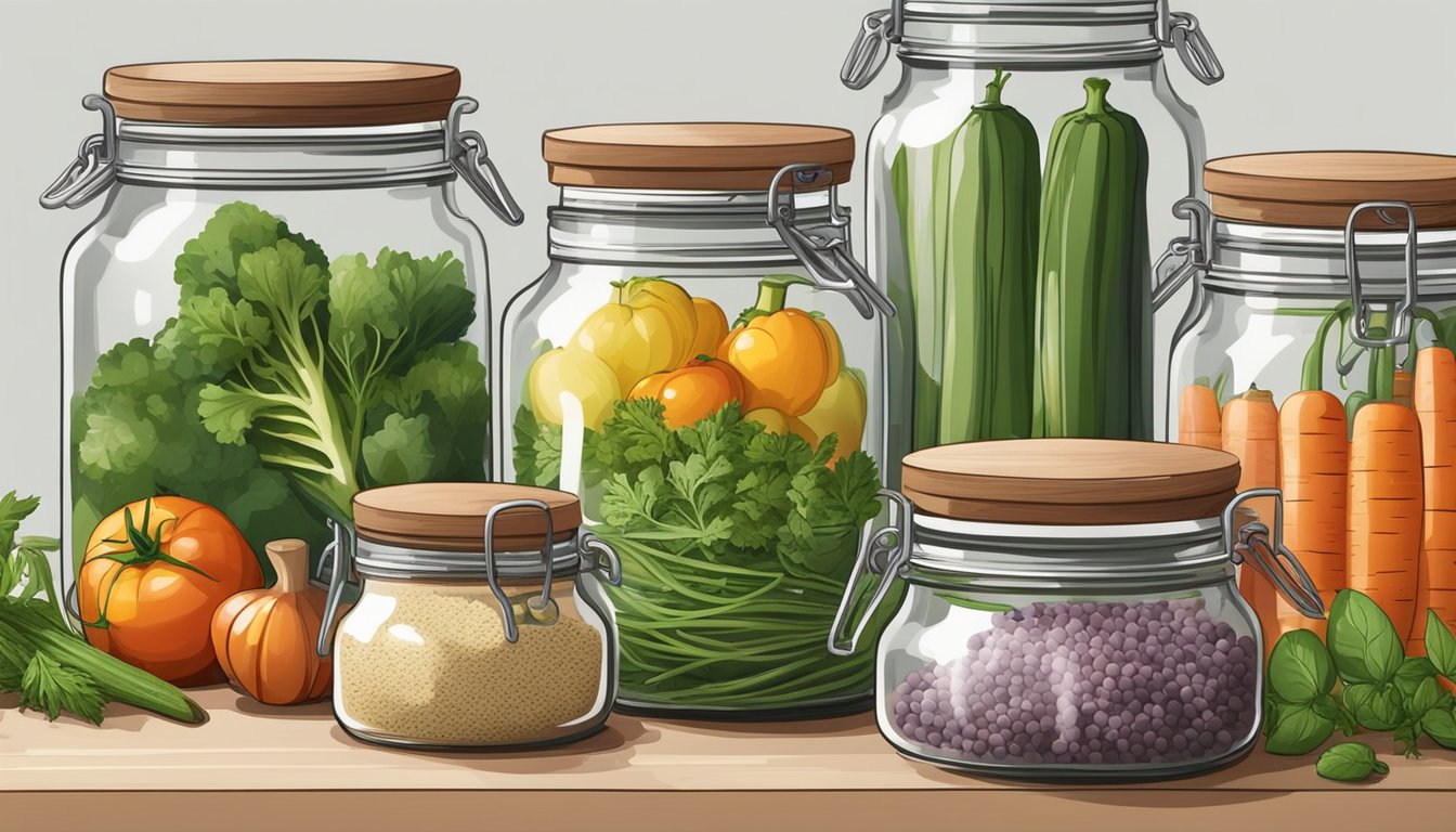 A variety of fresh vegetables, herbs, and spices are arranged on a clean kitchen counter next to jars and fermentation weights